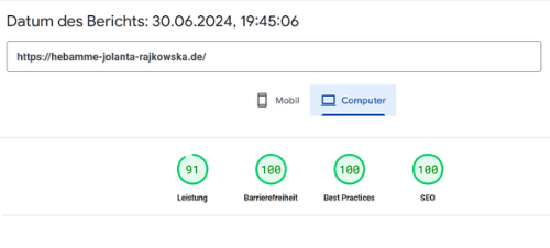 Die Grafik zeigt die sehr guten Leistungsdaten der Website von Hebamme Jolanta Rajkowska.