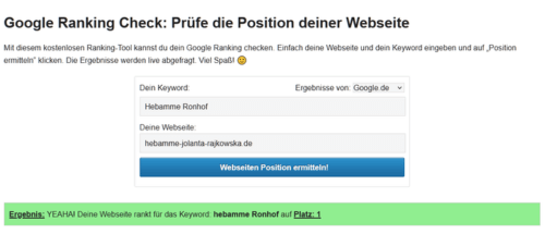 Die Grafik zeigt das Google-Ranking der Hebamme Jolanta Rajkowska auf Platz 1.